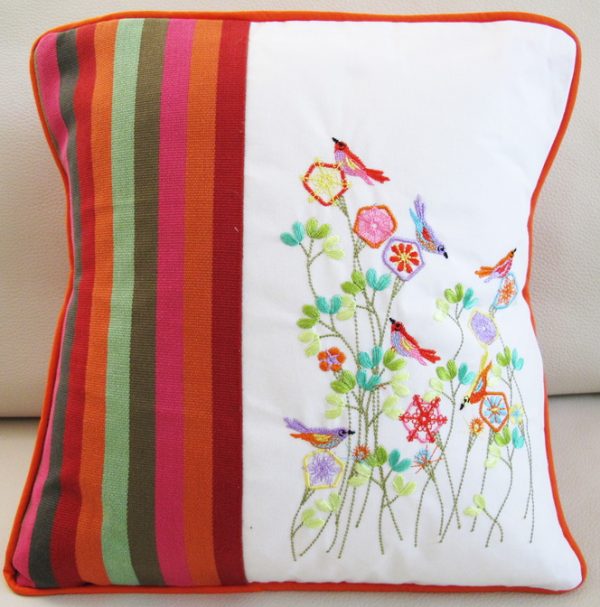 Summer Fresh, machine embroidery designs, flowers, floral, art deo style, birds, finches, colourful, leaves, stems, artistic, decorative, patterns. stars, cushion, pillow, notebook, book cover, pretty, scarf. fashion, clothing, homewares, home decor