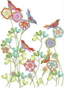 Summer Fresh, machine embroidery designs, flowers, floral, art deo style, birds, finches, colourful, leaves, stems, artistic, decorative, patterns. stars, cushion, pillow, notebook, book cover, pretty, scarf. fashion, clothing, homewares, home decor