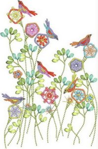 Summer Fresh, machine embroidery designs, flowers, floral, art deo style, birds, finches, colourful, leaves, stems, artistic, decorative, patterns. stars, cushion, pillow, notebook, book cover, pretty, scarf. fashion, clothing, homewares, home decor