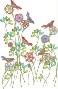 Summer Fresh, machine embroidery designs, flowers, floral, art deo style, birds, finches, colourful, leaves, stems, artistic, decorative, patterns. stars, cushion, pillow, notebook, book cover, pretty, scarf. fashion, clothing, homewares, home decor