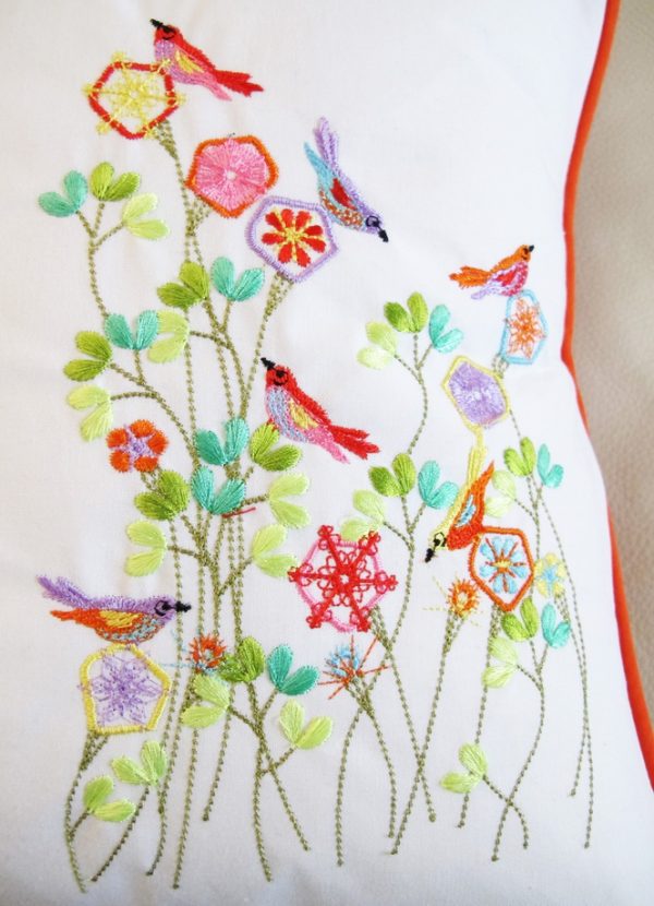 Summer Fresh, machine embroidery designs, flowers, floral, art deo style, birds, finches, colourful, leaves, stems, artistic, decorative, patterns. stars, cushion, pillow, notebook, book cover, pretty, scarf. fashion, clothing, homewares, home decor