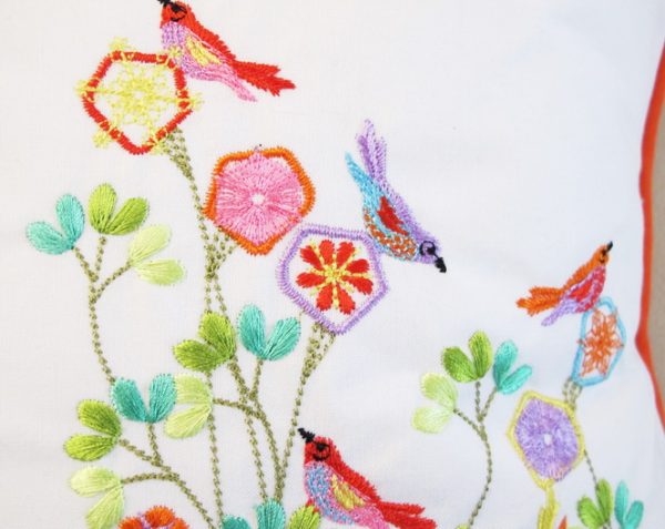 Summer Fresh, machine embroidery designs, flowers, floral, art deo style, birds, finches, colourful, leaves, stems, artistic, decorative, patterns. stars, cushion, pillow, notebook, book cover, pretty, scarf. fashion, clothing, homewares, home decor