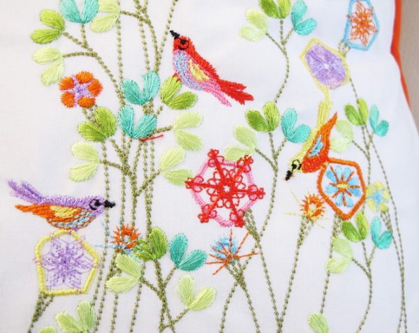 Summer Fresh, machine embroidery designs, flowers, floral, art deo style, birds, finches, colourful, leaves, stems, artistic, decorative, patterns. stars, cushion, pillow, notebook, book cover, pretty, scarf. fashion, clothing, homewares, home decor