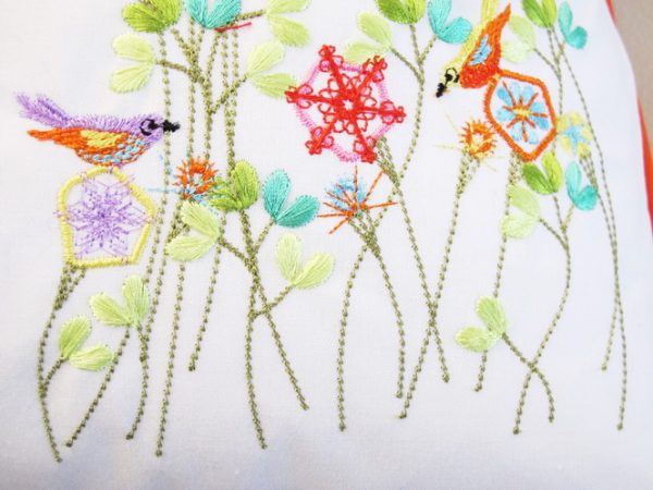 Summer Fresh, machine embroidery designs, flowers, floral, art deo style, birds, finches, colourful, leaves, stems, artistic, decorative, patterns. stars, cushion, pillow, notebook, book cover, pretty, scarf. fashion, clothing, homewares, home decor