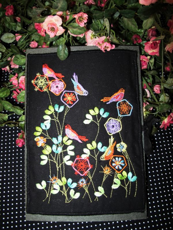 Summer Fresh, machine embroidery designs, flowers, floral, art deo style, birds, finches, colourful, leaves, stems, artistic, decorative, patterns. stars, cushion, pillow, notebook, book cover, pretty, scarf. fashion, clothing, homewares, home decor