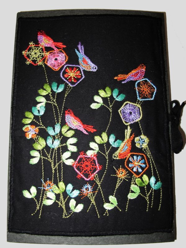 Summer Fresh, machine embroidery designs, flowers, floral, art deo style, birds, finches, colourful, leaves, stems, artistic, decorative, patterns. stars, cushion, pillow, notebook, book cover, pretty, scarf. fashion, clothing, homewares, home decor