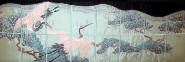 Touching Silk, machine embroidery designs, crane, bird, tree, blossom, floral, flowers, feathers, patchwork, oriental, asian inspired, wall hanging, pillow, cushion, clothing, top, shirt, blouse, fashion, artistic, decorative