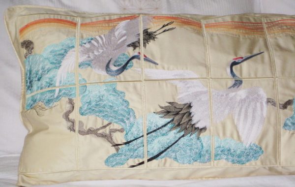 Touching Silk, machine embroidery designs, crane, bird, tree, blossom, floral, flowers, feathers, patchwork, oriental, asian inspired, wall hanging, pillow, cushion, clothing, top, shirt, blouse, fashion, artistic, decorative