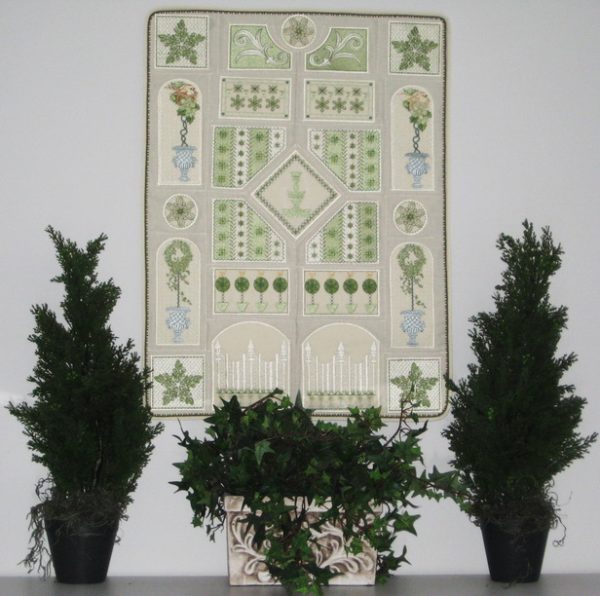 Up the Garden Path, machine embroidery designs, artistic, decorative, star, patterns, leaves, vines, fountain, water, topairy, bird, plant, picket fence, flowers, floral, pot plant, bird nest, patchwork, wall hanging, cushion, pillow, apron, clothing. homewares, home decor