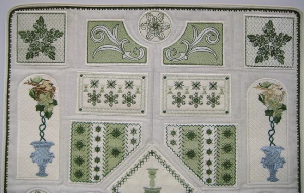 Up the Garden Path, machine embroidery designs, artistic, decorative, star, patterns, leaves, vines, fountain, water, topairy, bird, plant, picket fence, flowers, floral, pot plant, bird nest, patchwork, wall hanging, cushion, pillow, apron, clothing. homewares, home decor