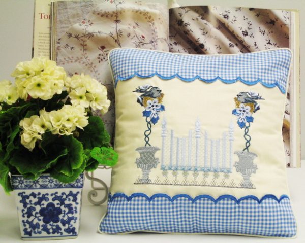 Up the Garden Path, machine embroidery designs, artistic, decorative, star, patterns, leaves, vines, fountain, water, topairy, bird, plant, picket fence, flowers, floral, pot plant, bird nest, patchwork, wall hanging, cushion, pillow, apron, clothing. homewares, home decor