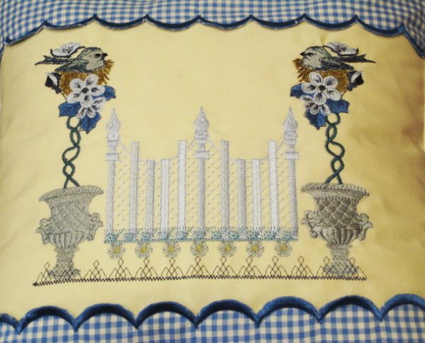 Up the Garden Path, machine embroidery designs, artistic, decorative, star, patterns, leaves, vines, fountain, water, topairy, bird, plant, picket fence, flowers, floral, pot plant, bird nest, patchwork, wall hanging, cushion, pillow, apron, clothing. homewares, home decor