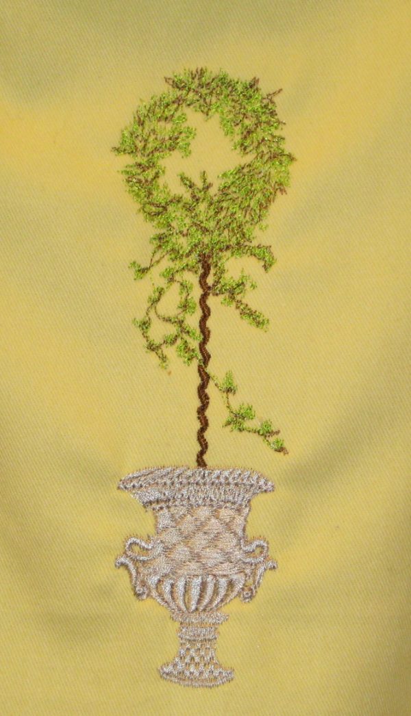 Up the Garden Path, machine embroidery designs, artistic, decorative, star, patterns, leaves, vines, fountain, water, topairy, bird, plant, picket fence, flowers, floral, pot plant, bird nest, patchwork, wall hanging, cushion, pillow, apron, clothing. homewares, home decor