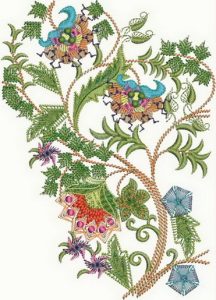 Vasanta, machine embroidery designs, patchwork, floral, flowers, gems, leaves, branches, tree, artistic, decorative, bird, peacock, creative, wall hanging, clothing, fashion, t-shirt, top, shirt, blouse, bag, handbag, Indian, Hindu