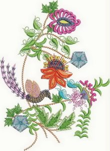 Vasanta, machine embroidery designs, patchwork, floral, flowers, gems, leaves, branches, tree, artistic, decorative, bird, peacock, creative, wall hanging, clothing, fashion, t-shirt, top, shirt, blouse, bag, handbag, Indian, Hindu