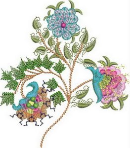 Vasanta, machine embroidery designs, patchwork, floral, flowers, gems, leaves, branches, tree, artistic, decorative, bird, peacock, creative, wall hanging, clothing, fashion, t-shirt, top, shirt, blouse, bag, handbag, Indian, Hindu