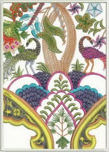 Vasanta, machine embroidery designs, patchwork, floral, flowers, gems, leaves, branches, tree, artistic, decorative, bird, peacock, creative, wall hanging, clothing, fashion, t-shirt, top, shirt, blouse, bag, handbag, Indian, Hindu