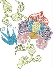 Vintage Charm, machine embroidery designs, patterns, artistic, decorative, shapes, sticks, sun, leaves, flowers, floral, birds, swallows, flower pot, wall hanging, computer screen cover, cushion, pillow, book cover, blouse, clothing, fashion, top, jumper, pull over,