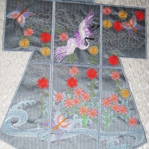 Waters of Spring, machine embroidery designs, butterfly, flowers, floral, artistic, decorative, sky, cloud, crane, bird, patterns, water, waves, ocean, plants, patchwork, flying bird, wind, kimono, wall hanging, oriental, asian inspired, Japan, japanese, box, bag, homewares, home decor