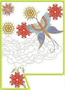 Waters of Spring, machine embroidery designs, butterfly, flowers, floral, artistic, decorative, sky, cloud, crane, bird, patterns, water, waves, ocean, plants, patchwork, flying bird, wind, kimono, wall hanging, oriental, asian inspired, Japan, japanese, box, bag, homewares, home decor