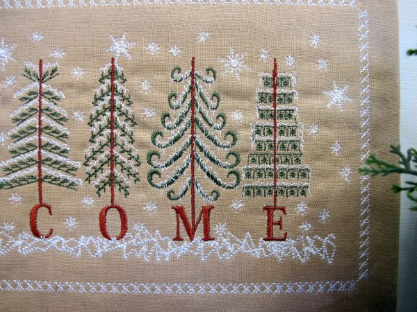 Welcome, machine embroidery designs, Christmas, Holiday Christmas tree, snow, icicles, snow flakes, snowflakes, pine trees, decorations. wall hanging, home decor, artistic, decorative, patterns