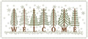 Welcome, machine embroidery designs, Christmas, Holiday Christmas tree, snow, icicles, snow flakes, snowflakes, pine trees, decorations. wall hanging, home decor, artistic, decorative, patterns