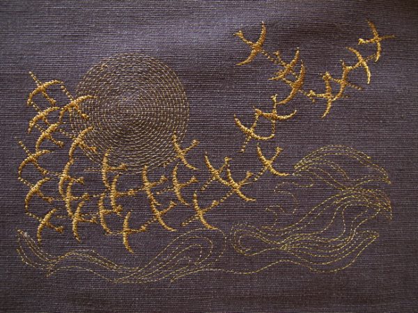 Whisper of Wings, machine embroidery designs, birds, swallows, moon, sun, clouds, wings, wind, bird migration, water, waves, clothing, jacket, pullover, jumper. fashion, place mat, homewares, home decor, beautiful, nature