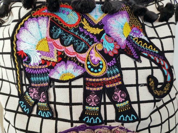 Wild and Free, machine embroidery designs, elephants, Sri Lanka, Udawalawe, artistic, decorative, patterns, beautiful, colouful, cushion, pillow, backpack, bag