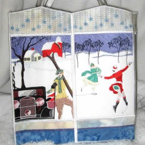 Winter Wonderland, machine embroidery designs, Christmas, holidays, snow, trees, barn, house, vintage car, ice skating, skiing, Tobogganing, mountain, ski run, stars, snow flakes, handbag, bag, clutch purse, jumper, pullover, fashion, clothing