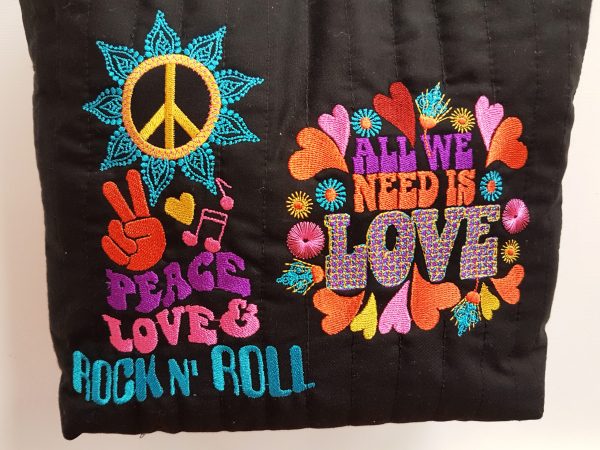 Hippy Chick, machine embroidery designs, bag, handbag, fashion, hippy, 1970's, 1970's fashion, 1970, 1970 fashion, dress, boots, short dress, leopard print, bell bottoms, models, peace, peace sign, peace fingers, music note, love heart, heart, peace love and rock and roll, rock and roll, all we need is love, flowers, floral, sun, artistic, decorative, patterns, trinkets