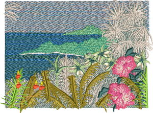 Paradise, machine embroidery designs, tropical, birds of paradise, flower, floral, palm tree, sunset, ocean, yacht, skif, beach, patterns, bure, beach hut, tropical, hibiscus, leaves, bouquet, fish, great barrier reef, Hawaii, Australia, coral, sea, shell, sea life, turtle, wall hanging, beautiful, diamond head, oahu, martinique, kauai, reef