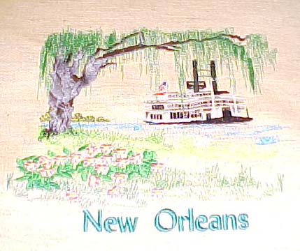 New Orleans, machine embroidery designs, Louisiana, America, USA, streets of New Orleans, patterns, fence, buildings, homes, terrace house, floral, flowers, decorative, artistic, tree, saxaphone, music, saxaphone musician, street lamp, vintage puffy dress, usa flag, boat, historic, piano, pianoist, topiary, pot, tree, bow, river, lillies, wall hanging, cushion, picture frame, pillow