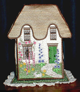 Rose Cottage, machine embroidery designs, rabbit, bunny, cottage, house, garden, flowers, floral, plants, path, door, window, lavendar, roof, vine, grass, cat, homewares, bag, purse, ornament, home decor, cute, pattern