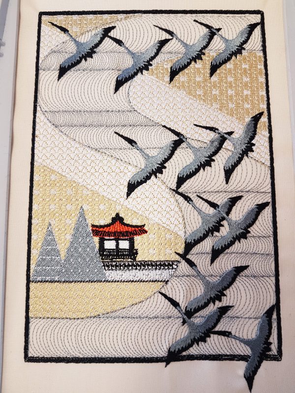 Ebb and Flow, machine embroidery designs, patterns, artistic, decorative, shirt, blouse, fashion, clothing, birds, flying birds, flock of birds, picture frame, oriental, asian inspired, pergoda, asian pergoda, asian temple, trees, wind, landscape, bird crane, picture, picture frame, wall hanging