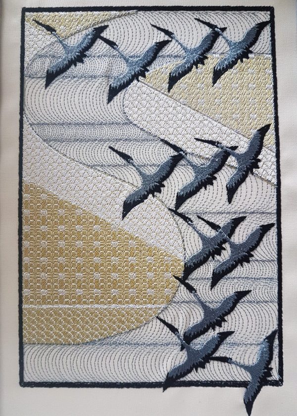 Ebb and Flow, machine embroidery designs, patterns, artistic, decorative, shirt, blouse, fashion, clothing, birds, flying birds, flock of birds, picture frame, oriental, asian inspired, pergoda, asian pergoda, asian temple, trees, wind, landscape, bird crane, picture, picture frame, wall hanging