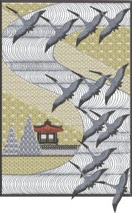 Ebb and Flow, machine embroidery designs, patterns, artistic, decorative, shirt, blouse, fashion, clothing, birds, flying birds, flock of birds, picture frame, oriental, asian inspired, pergoda, asian pergoda, asian temple, trees, wind, landscape, bird crane, picture, picture frame, wall hanging