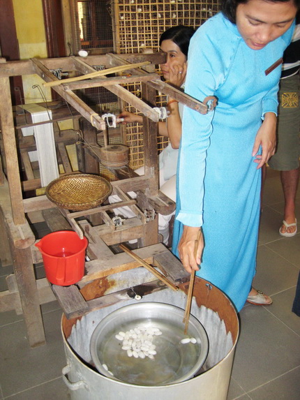 Baking the cacoons in Vietnam for silk